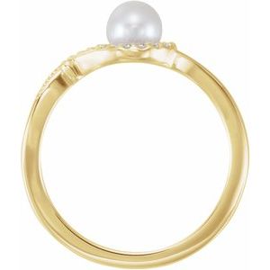 14K Yellow Gold Cultured White Freshwater Pearl & .08 CTW Natural Diamond Bypass Ring