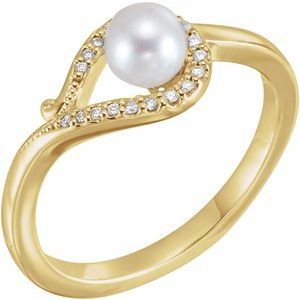 14K Yellow Gold Cultured White Freshwater Pearl & .08 CTW Natural Diamond Bypass Ring