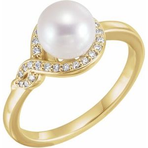14K Yellow Gold Cultured White Freshwater Pearl & 1/8 CTW Natural Diamond Bypass Ring