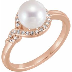 14K Rose Gold Cultured White Freshwater Pearl & 1/8 CTW Natural Diamond Bypass Ring
