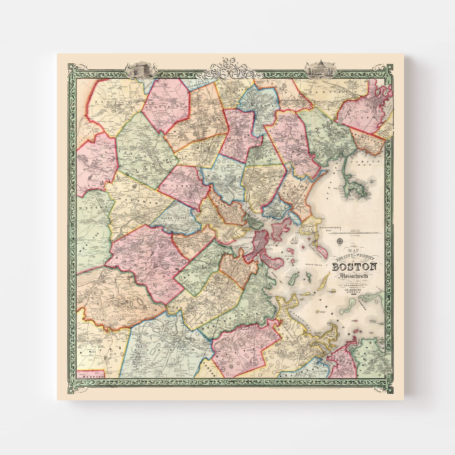 Vintage Map of Boston, Massachusetts 1852