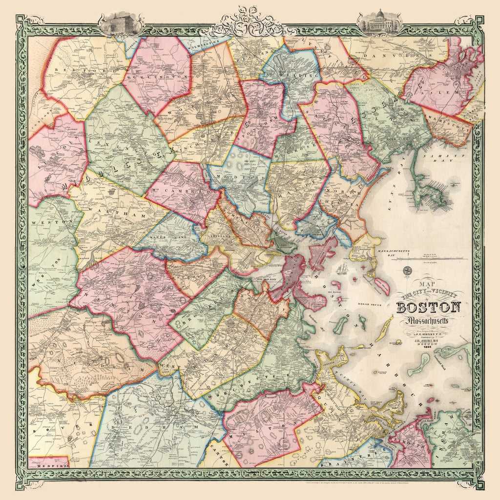 Vintage Map of Boston, Massachusetts 1852