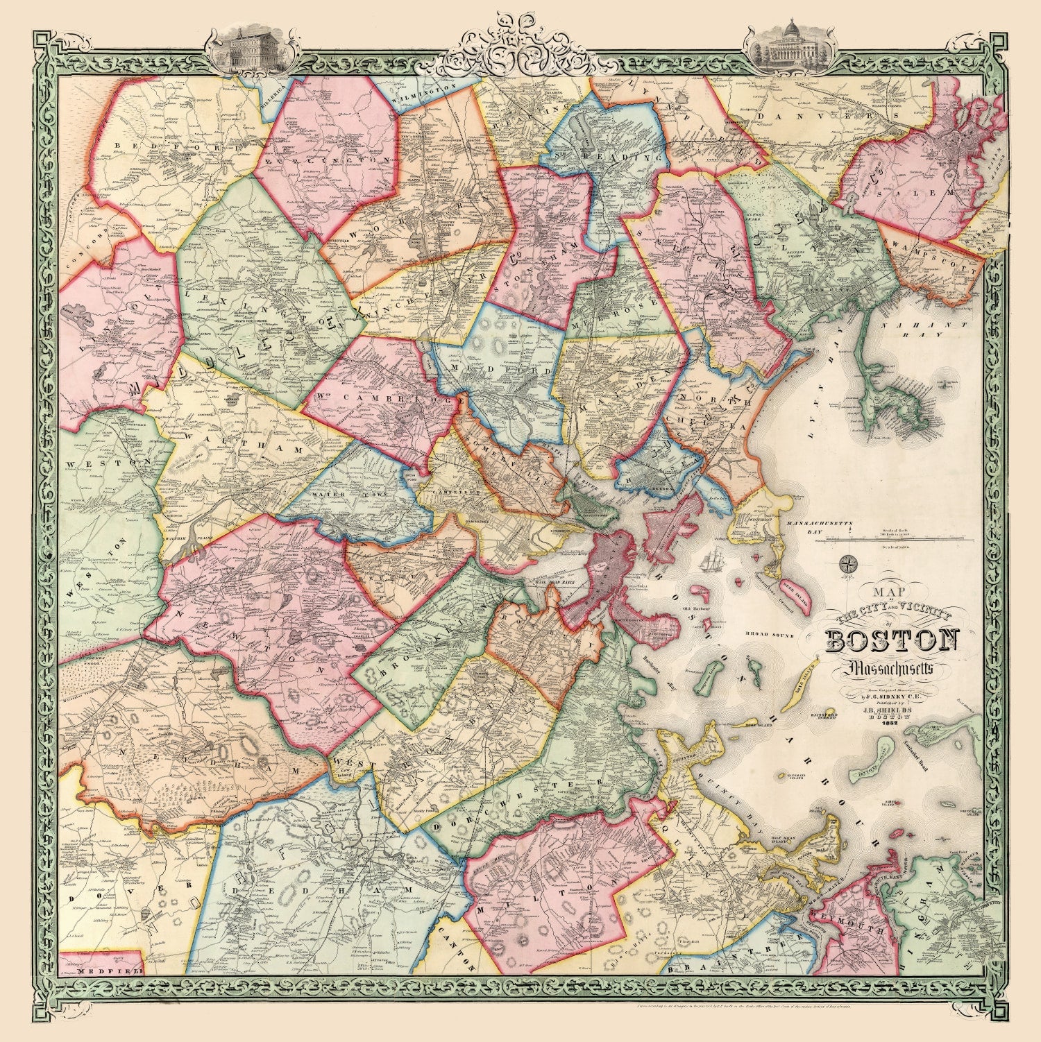 Vintage Map of Boston, Massachusetts 1852