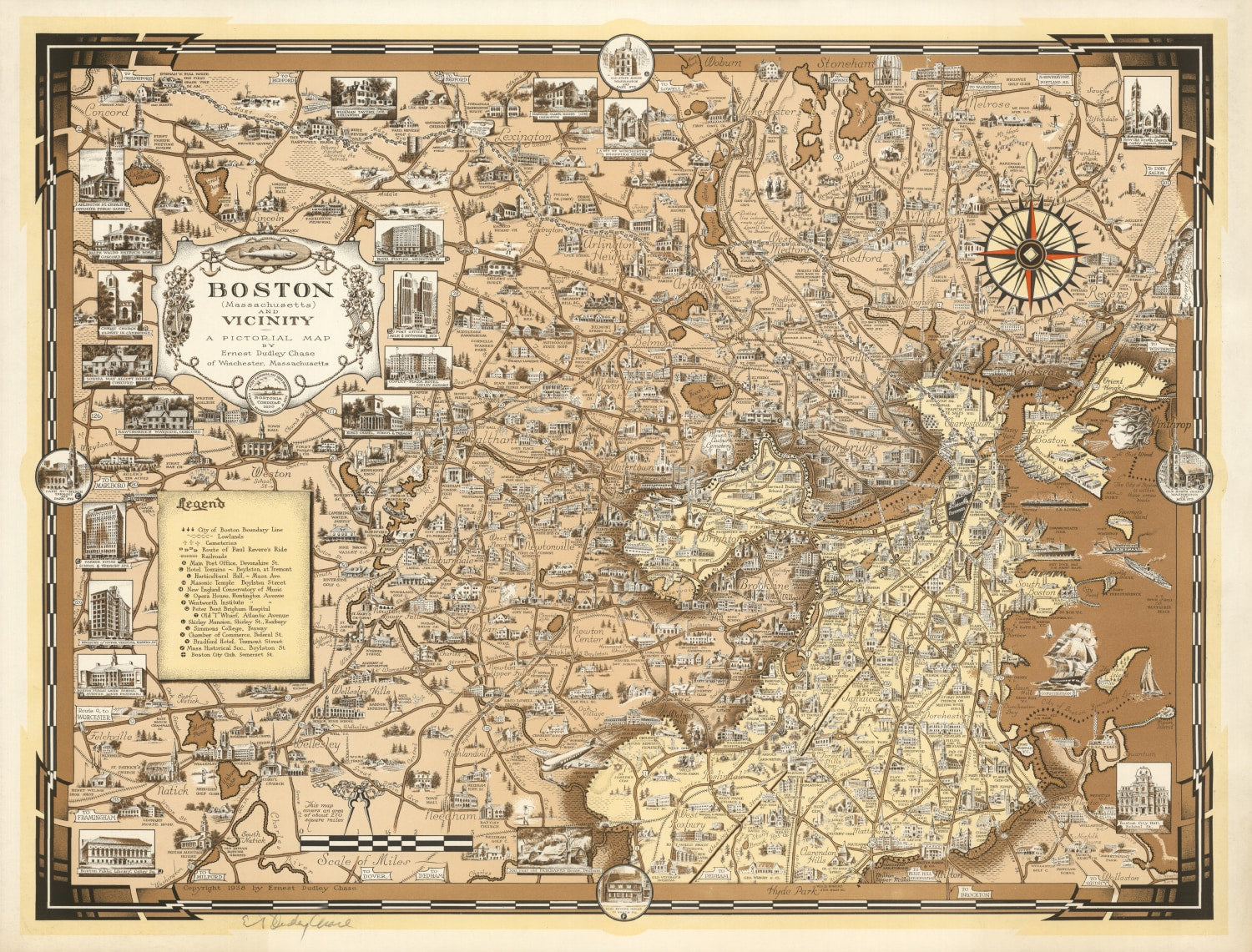 Vintage Map of Boston, Massachusetts 1938