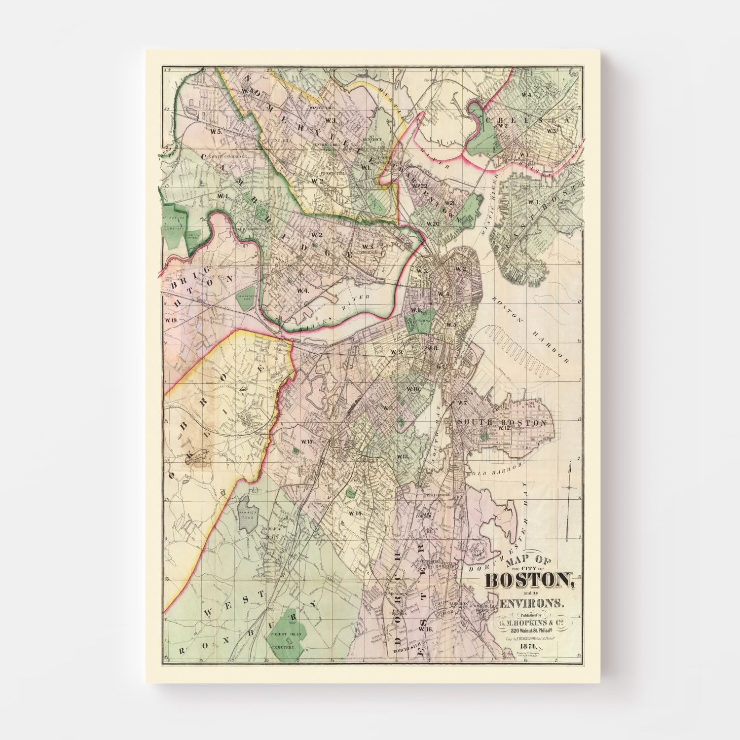 Vintage Map of Boston, Massachusetts 1874