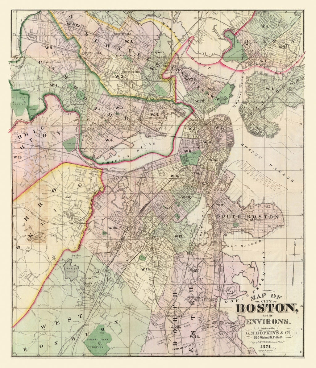 Vintage Map of Boston, Massachusetts 1874