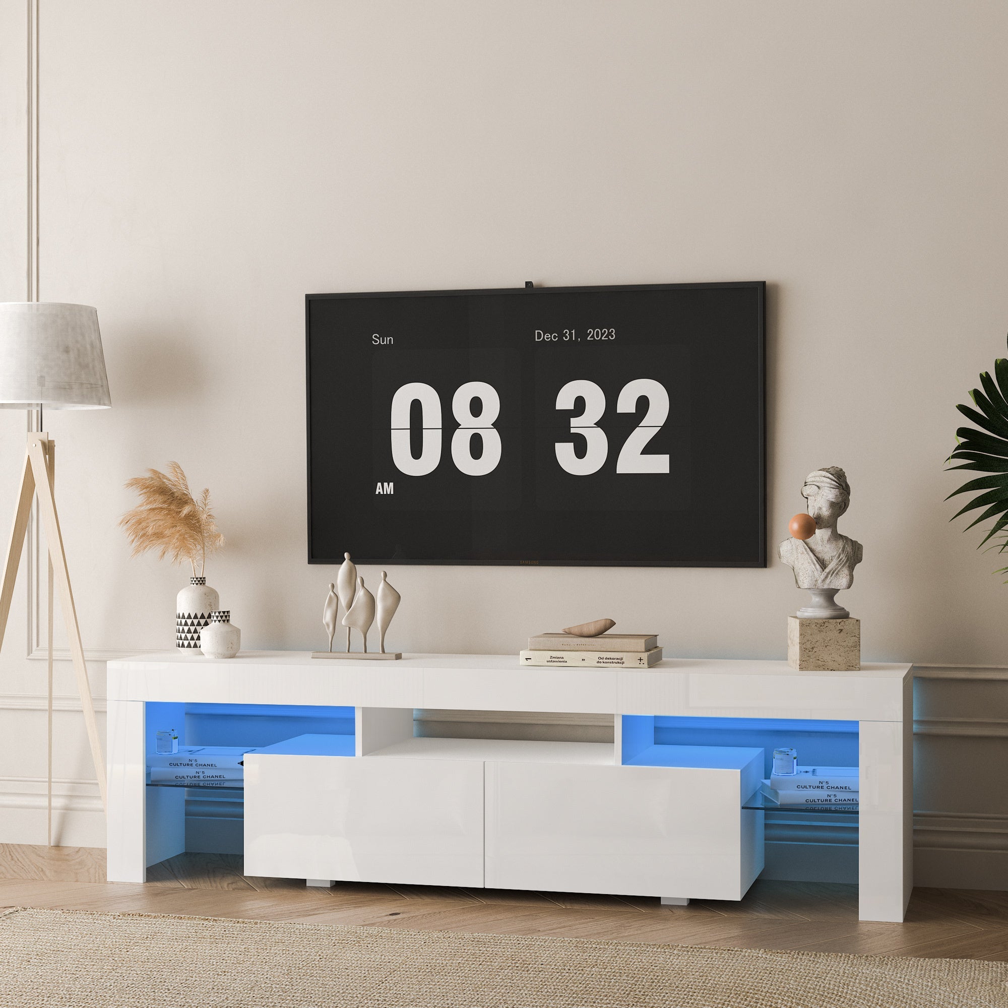 High gloss TV Stand with LED Lights for TVs up to 65'', Modern TV Console with Storage Cabinets for Living Room
