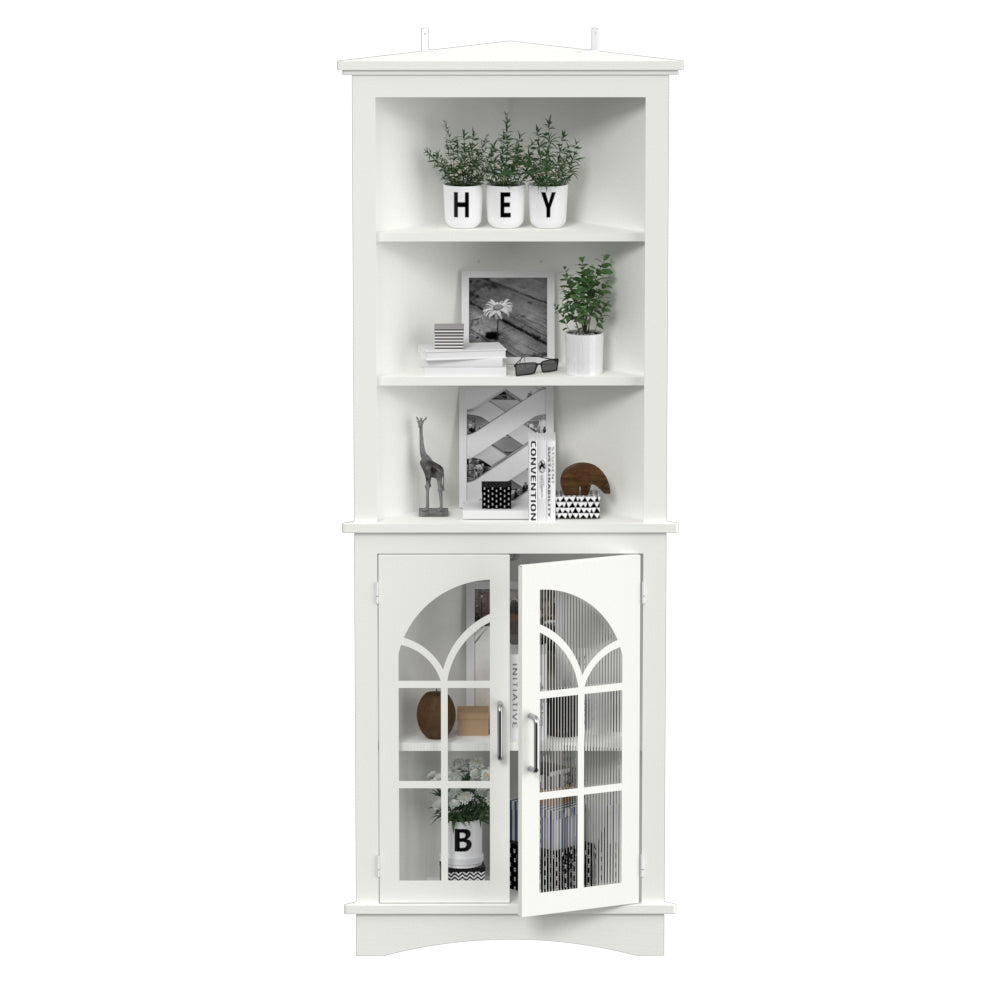 Corner Storage Cabinet, 63.3' Tall Freestanding Bookcase with  Doors & Adjustable Shelves, 5-Tier Corner Display Cabinet for Living Room, Office, Dining Room, White