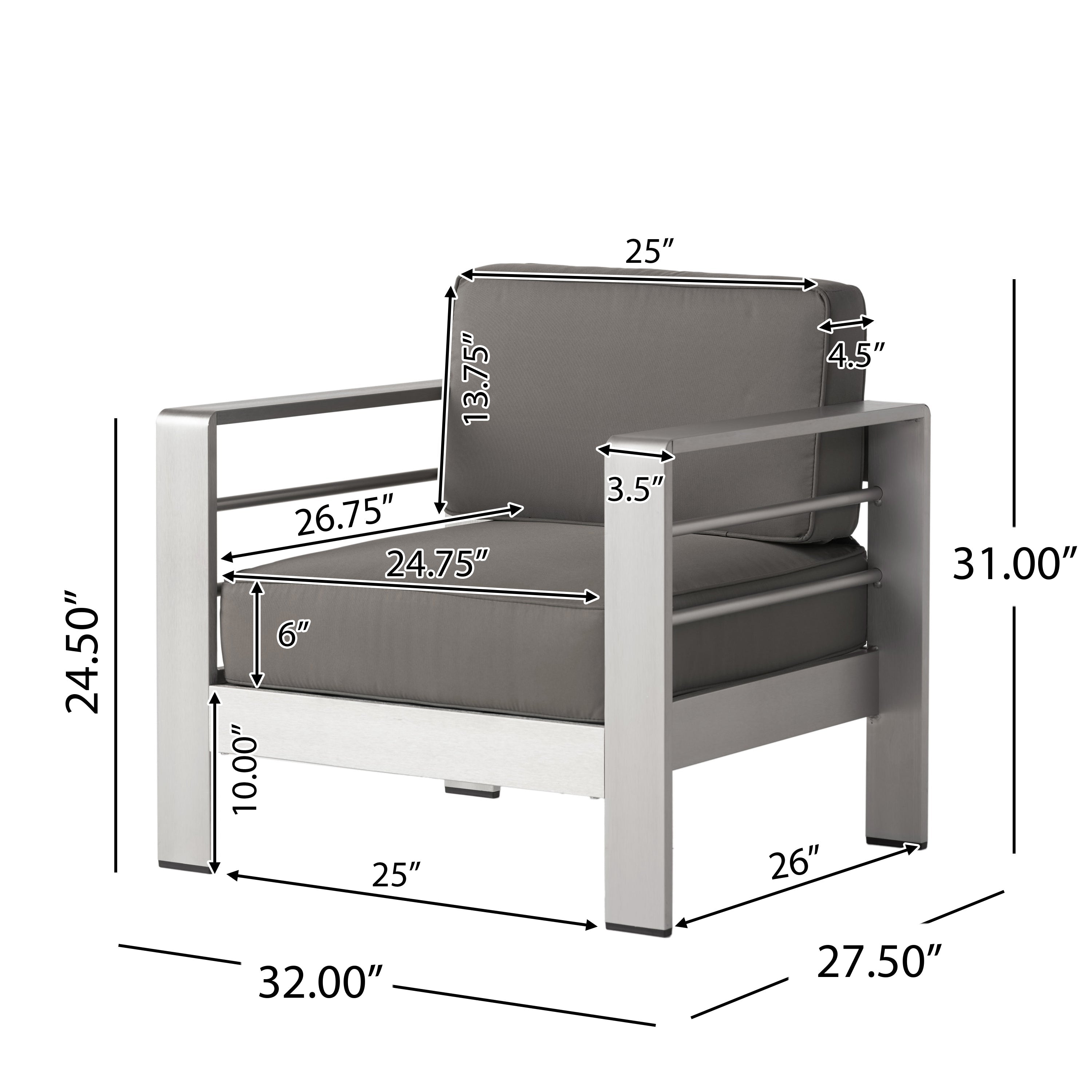 Outdoor Aluminum Club Chair with Cushion, Grey