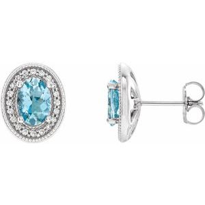 14K White Gold 7x5 mm Natural Aquamarine 1/6 CTW Natural Diamond Halo-Style Earrings