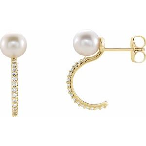 14K Yellow Gold Cultured White Freshwater Pearl & 1/6 CTW Natural Diamond Hoop Earrings