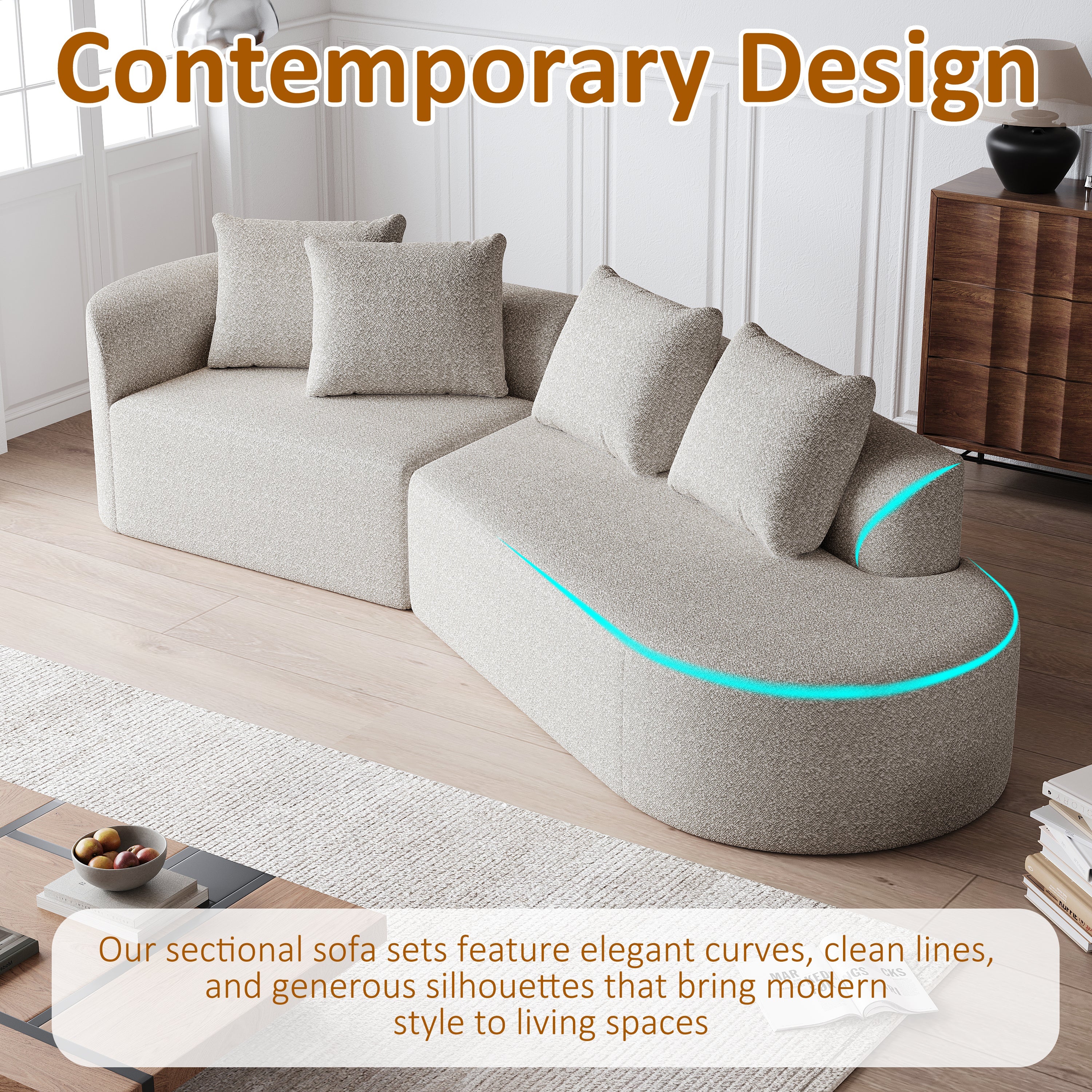 Modern Upholstered Oversized Sectional Sofa, 112-Inch Chenille 4-Seater Extra Deep & Wide Seat Curved Cloud Couch with 4 Throw Pillows, Free Combination Sofa Couch for Living Room,Bedroom