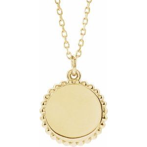 14K Yellow Gold Engravable Beaded Disc 16-18" Necklace
