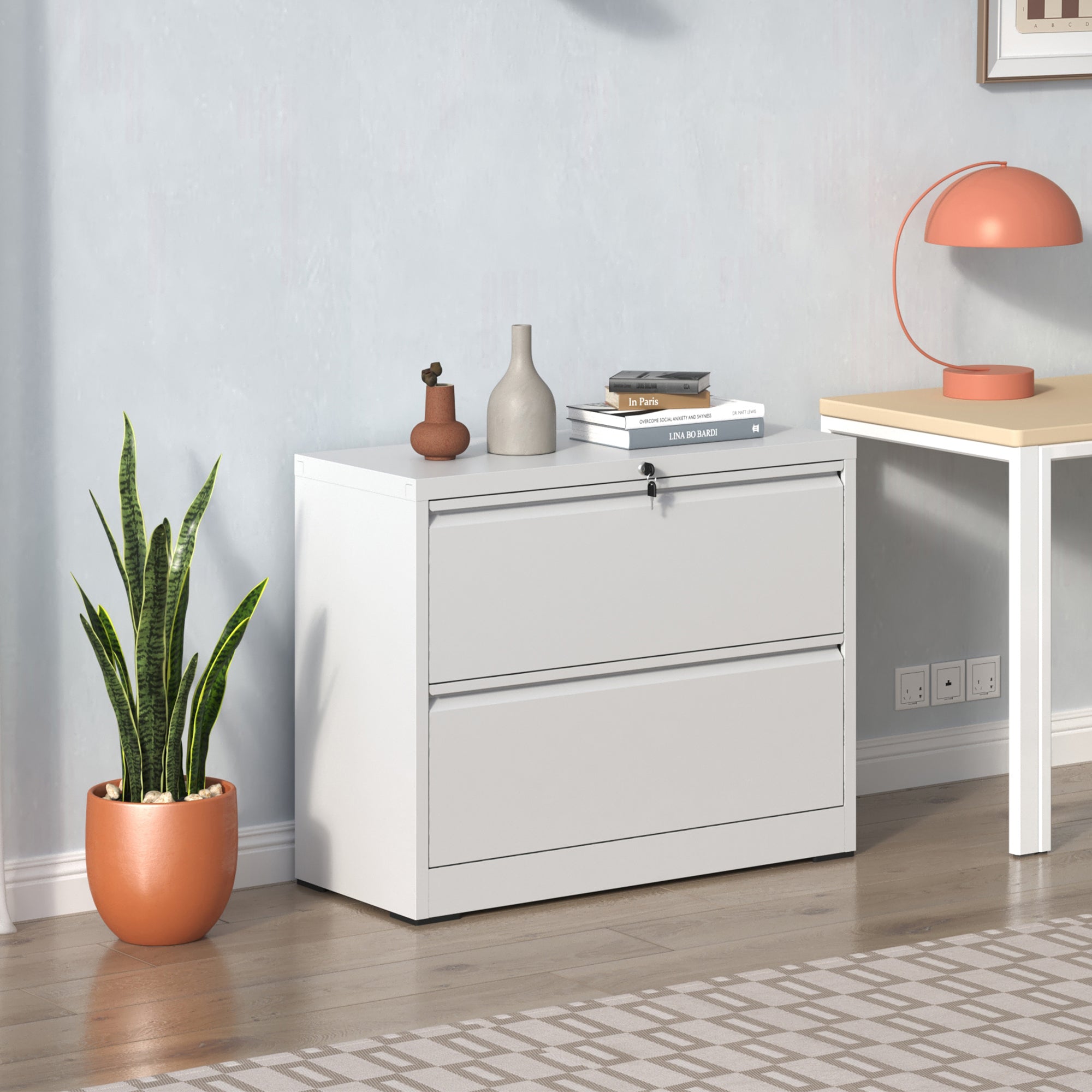 Modern 2-Drawer Steel Lateral File Cabinet with Lock, White Metal Filing Cabinet for Home Office Use
