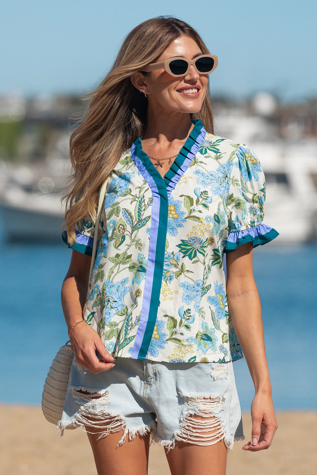 Floral Contrast Frill Stripe Trim Blouse