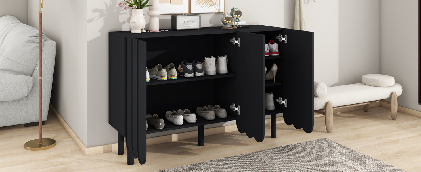 ON-TREND Cream Style Minimalist Shoe Cabinet with 5 Solid Wood Legs, Sideboard Buffet Cabinet with Adjustable Shelves, Large Storage Cabinet with Wave Doors for Living Room, Black