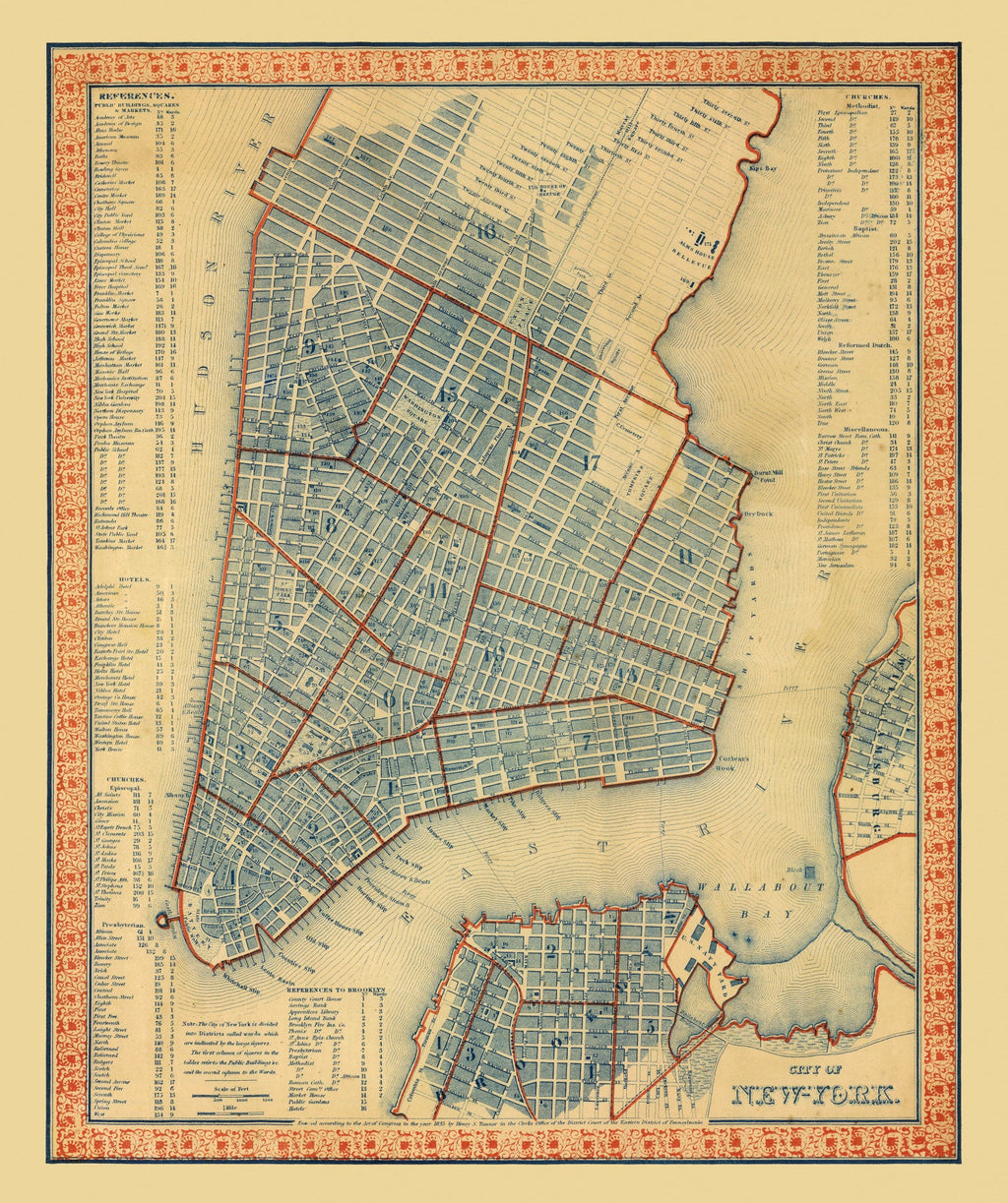 Vintage Map of New York City, New York 1846