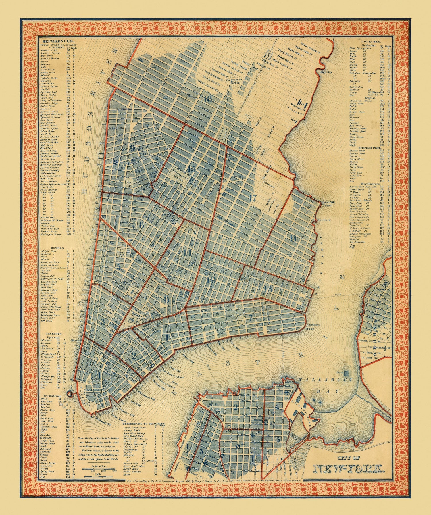 Vintage Map of New York City, New York 1846