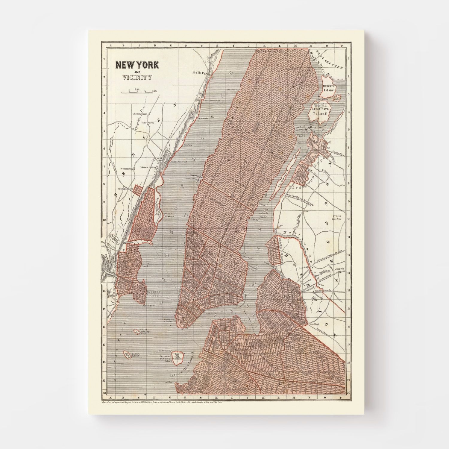 Vintage Map of New York City, New York 1845