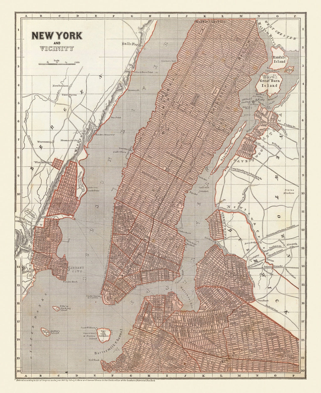 Vintage Map of New York City, New York 1845