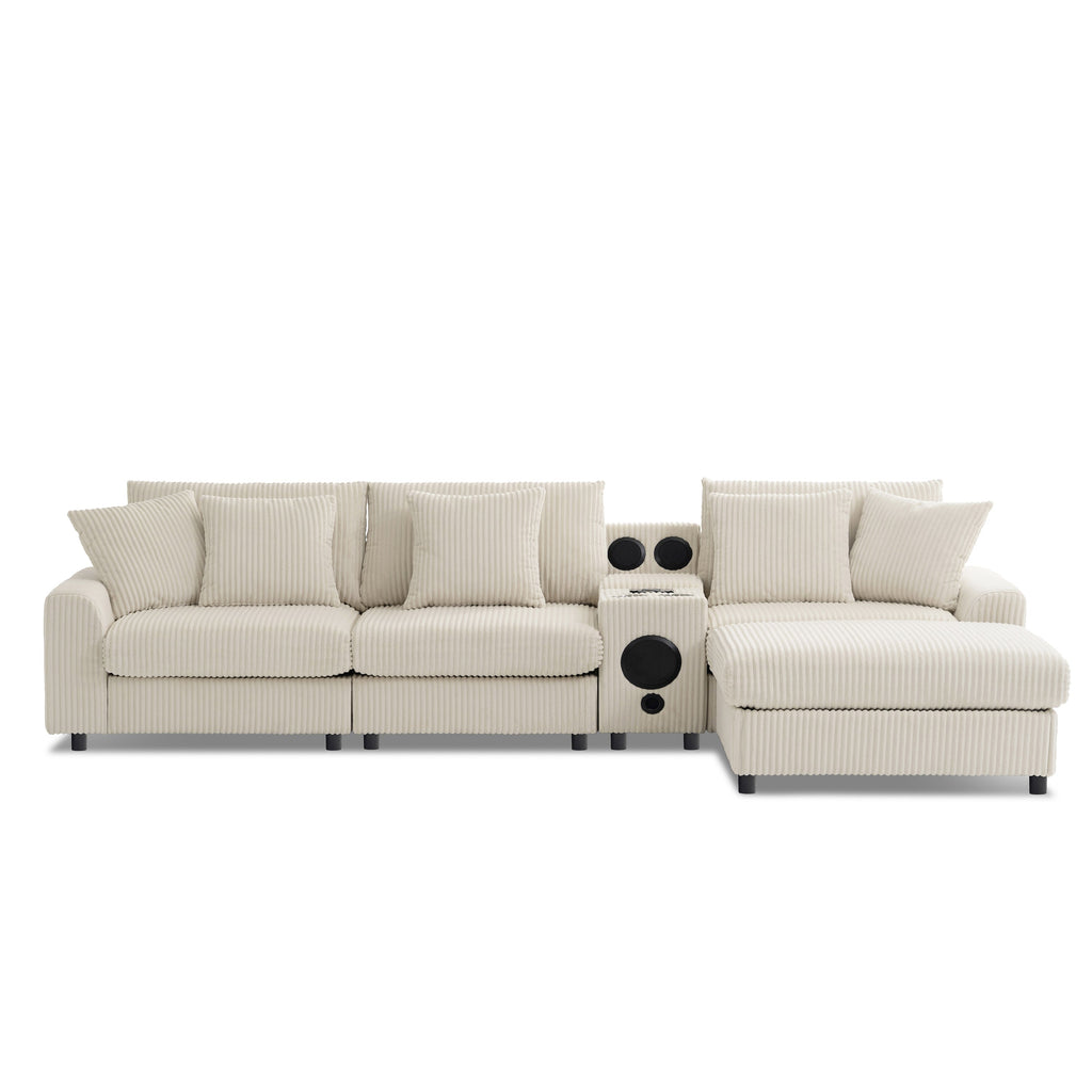 Modular Corduroy Sectional Sofa with Bluetooth Speakers, USB Charger, Cup Holders, Storage, Ottoman, 114*64'' Cream