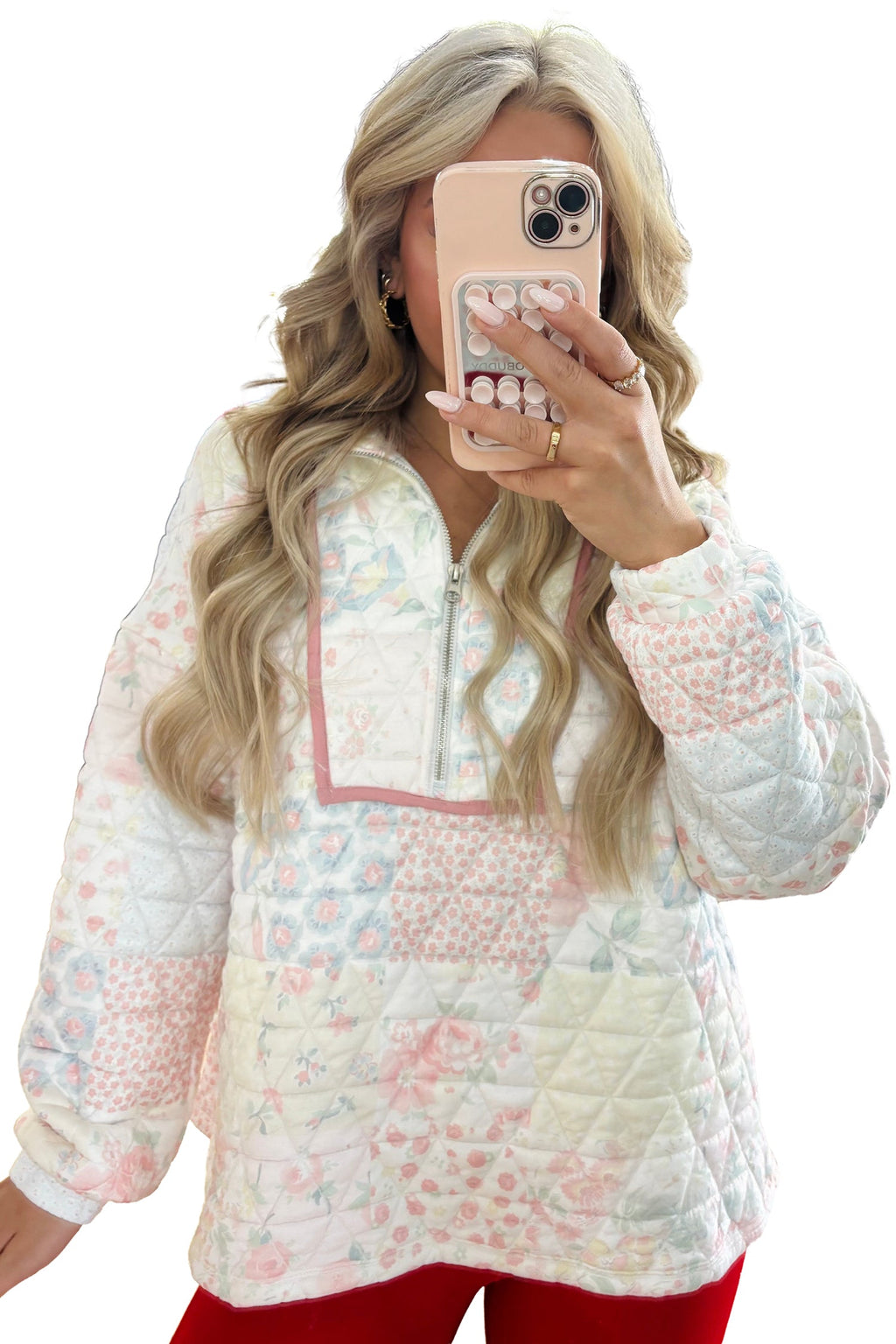 Floral Quilted Metal Zipper Collar Long Sleeve Sweatshirt