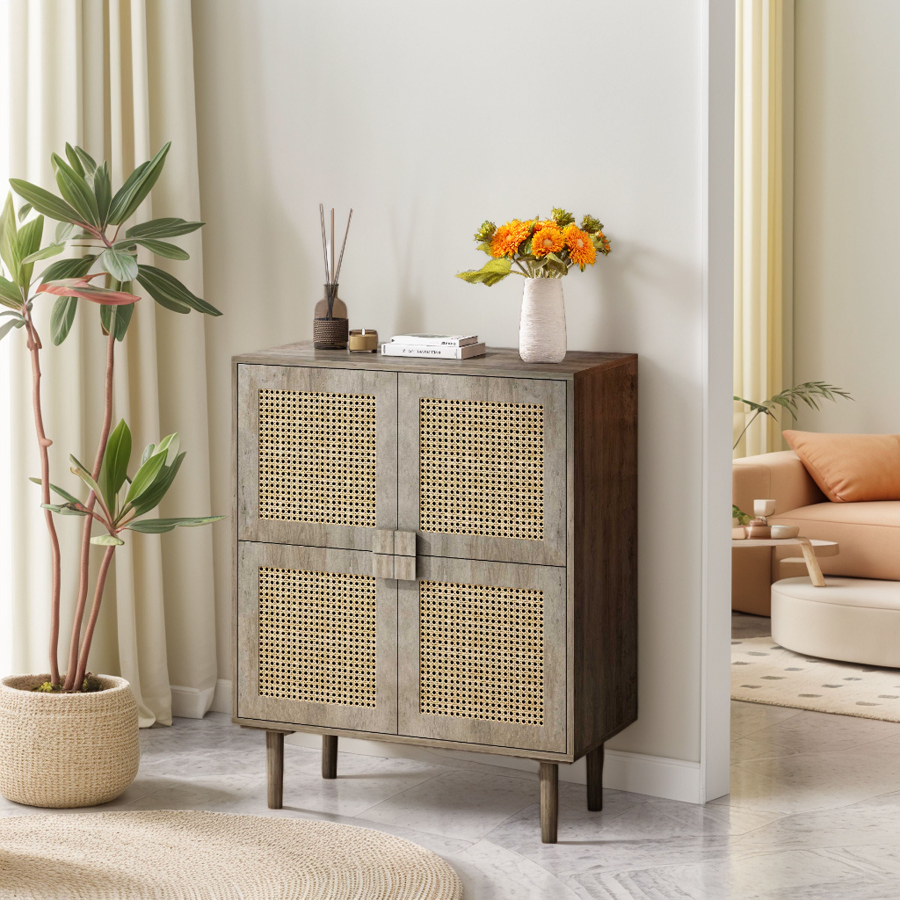 4-Doors Rattan Mesh Storage Cabinet, Sideboard with Eight Storage Spaces, for Entryway, Living Room, Hallway (Grey with Woodgrain)