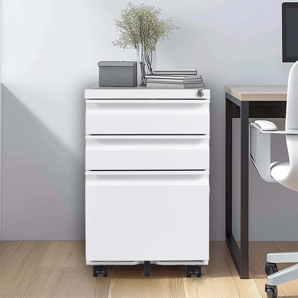 White Mobile 3-Drawer File Cabinet with Lock, Metal Organizer for Home Office, Fully Assembled