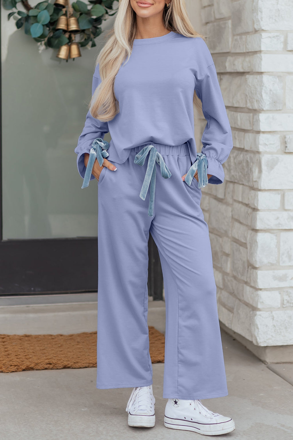 Flounce Long Sleeve Top and Drawstring Pants Set