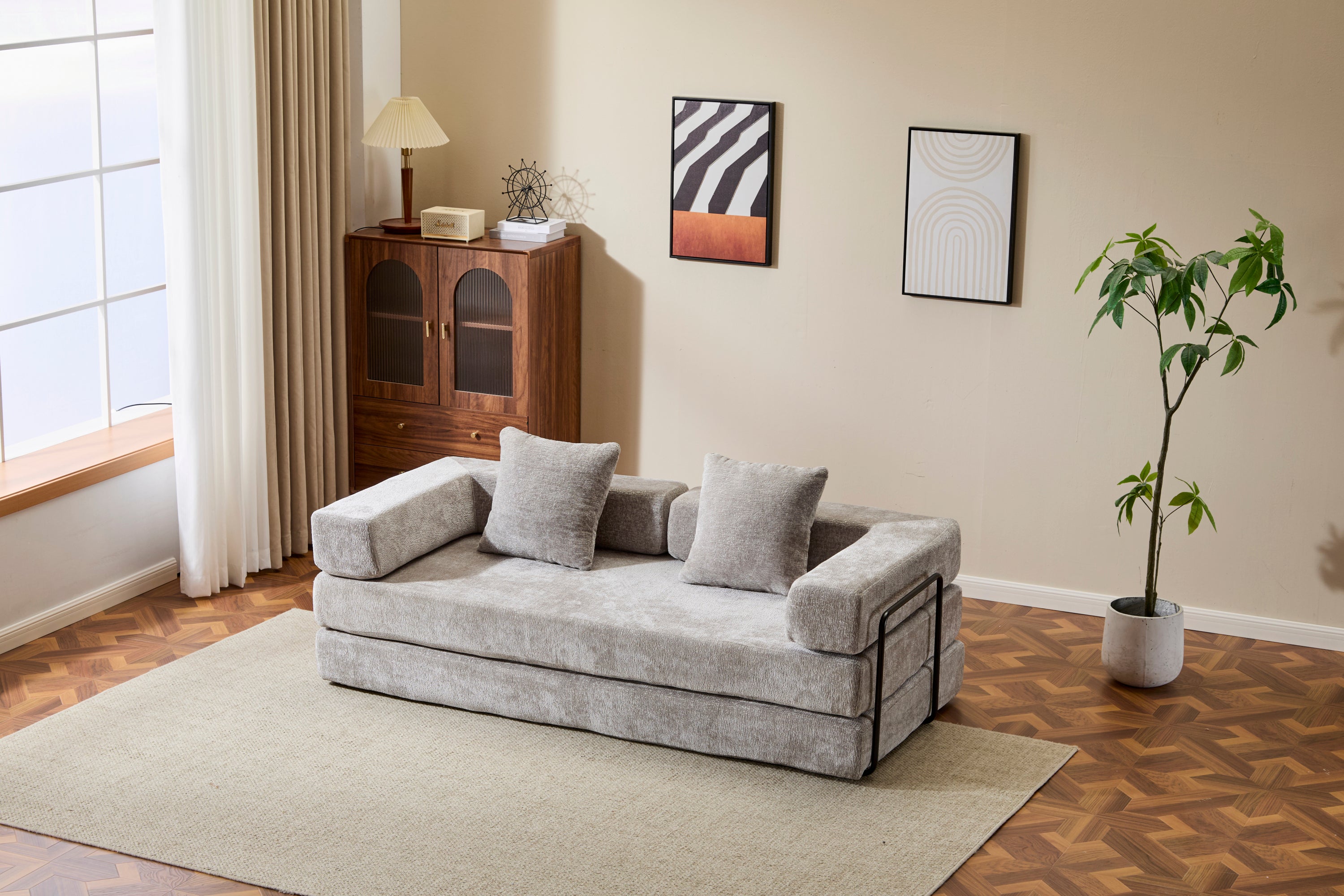 Floor Couch,Compression Sofa,Convertible Floor Sofa Bed-with Pillow Back Support Armrest,Comfy Futon Couch Lounge Sleeper Bed,Chenille fabric,for Living Room Bedroom (LIGHT-GREY)