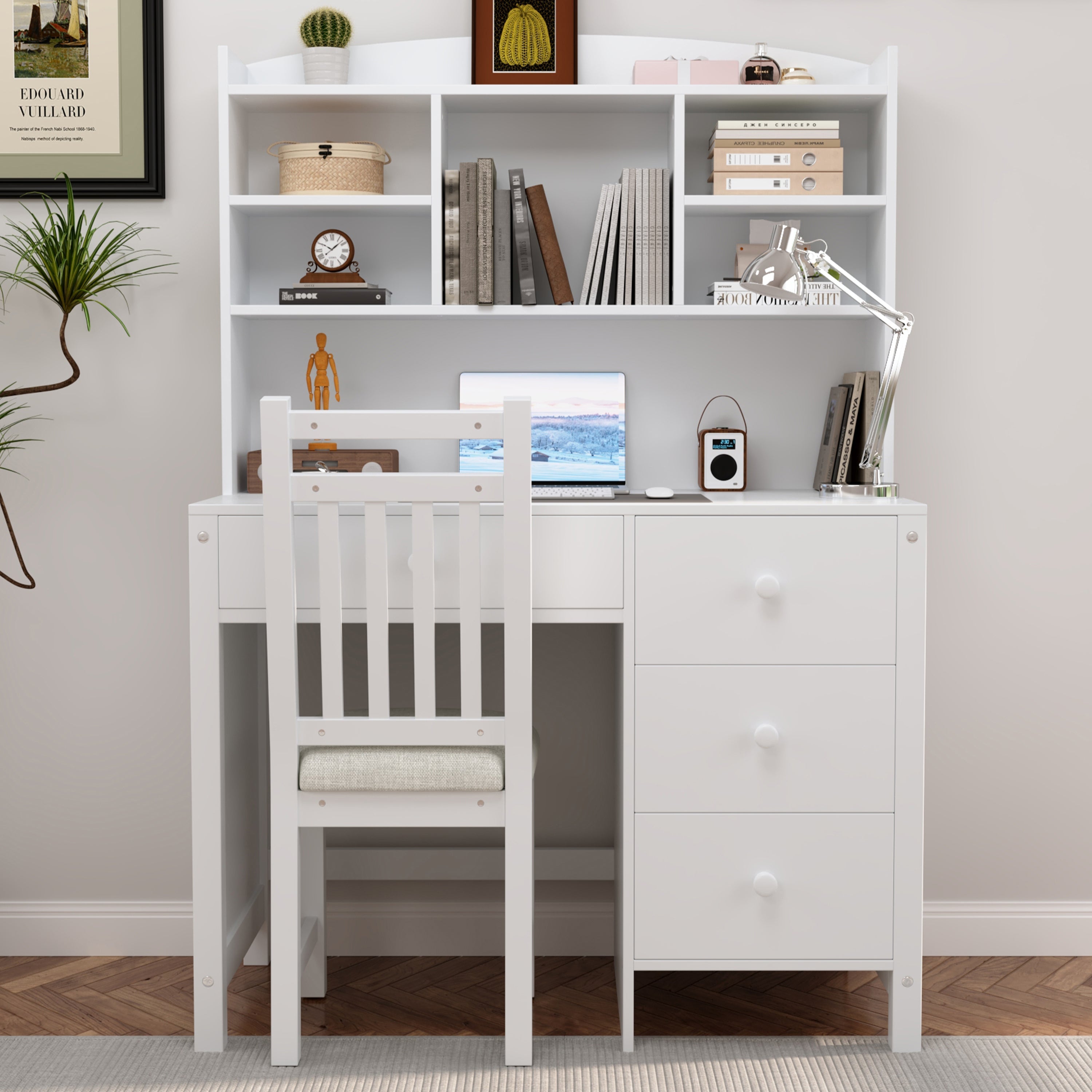 Vintage 40'' Home Executive Desk and Upholstered Chair Set with Bookshelf, Computer Desk with Four Drawers, Storage Shelf, and Chair, Ideal for Office or Study in Bedroom or Living Room,White