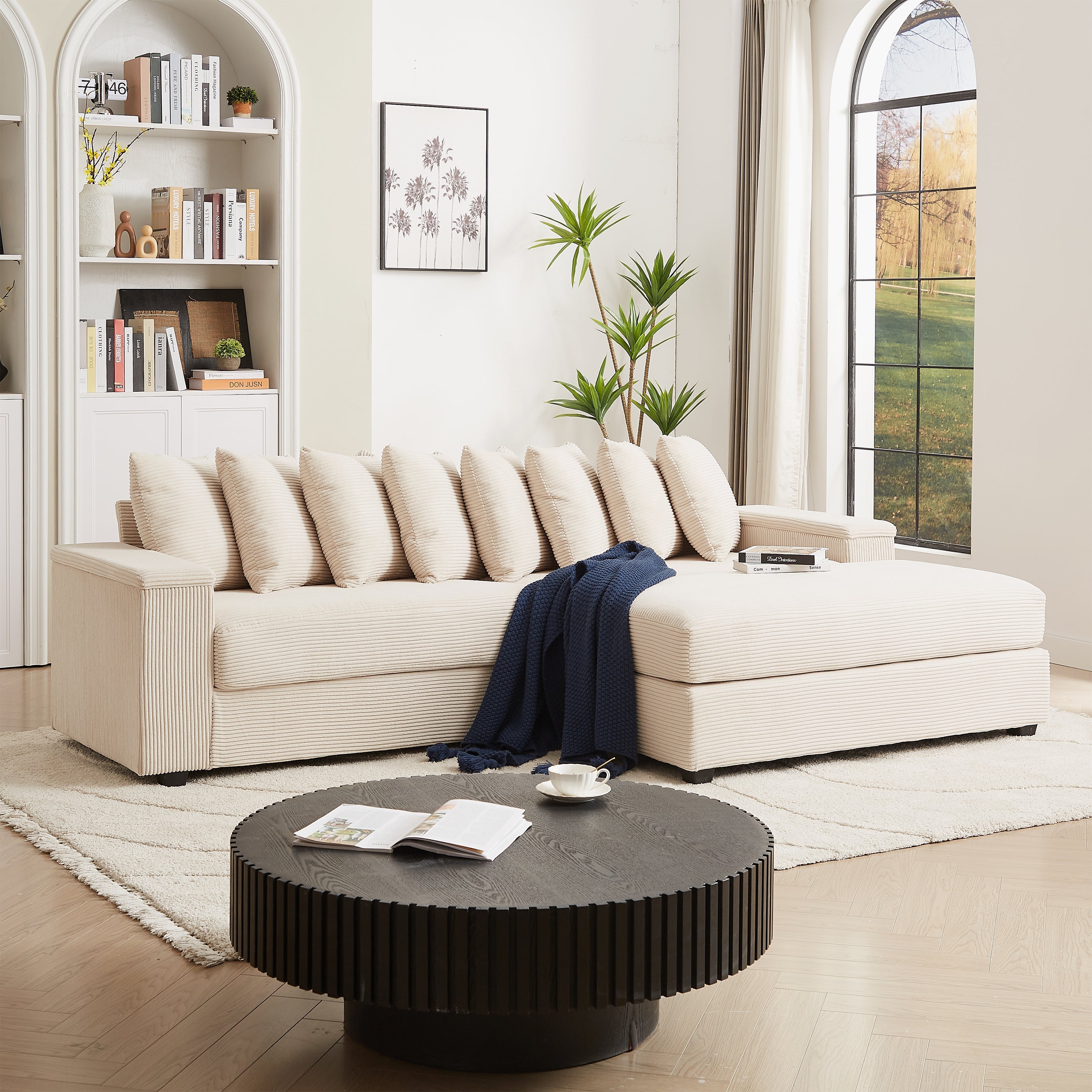 Luxe Oversized L Shaped Sofa with Chaise,Comfy Corduroy L Shaped Sectional Couches with 8 Pillows and Two Armrest storage space,Soft Fluffy Upholstered Sofa Bed for Living Room Apartment Bedroom