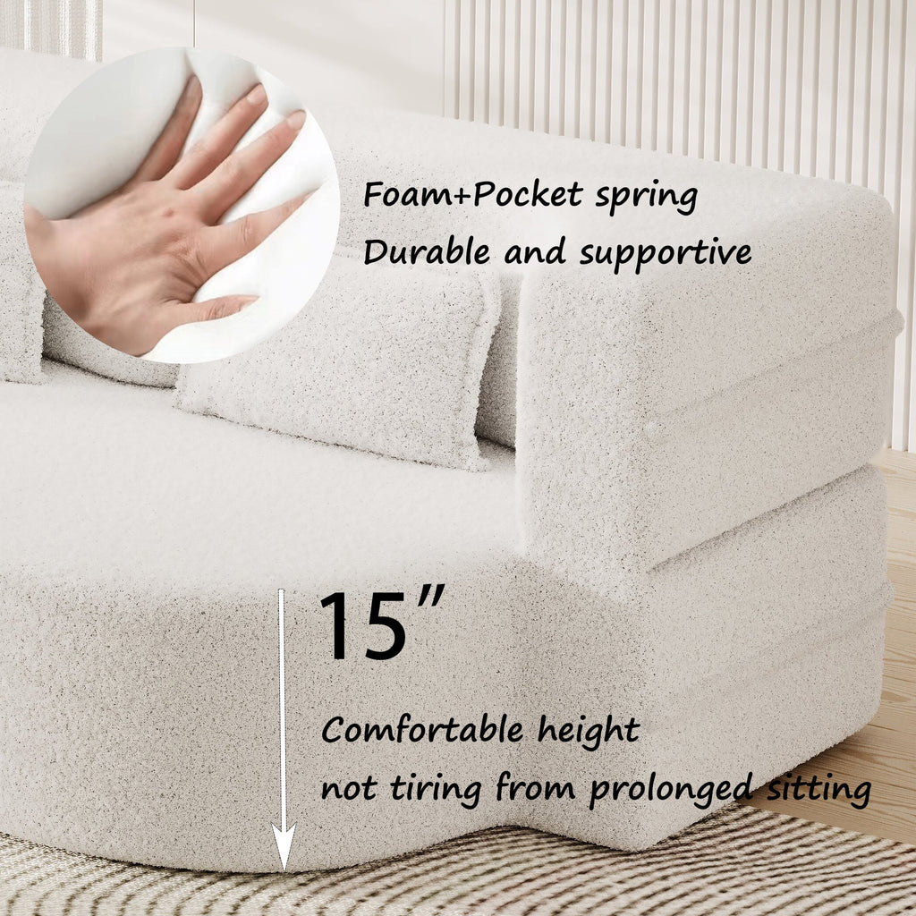 Modern Floor Sofa with 2 Pillows,Convertible Teddy Fabric Foam Filled Sleeper Sofa Bed,15 ' Full Size Folding Mattress for Living Room,Guest Bed,Playroom,no assembly required,Beige