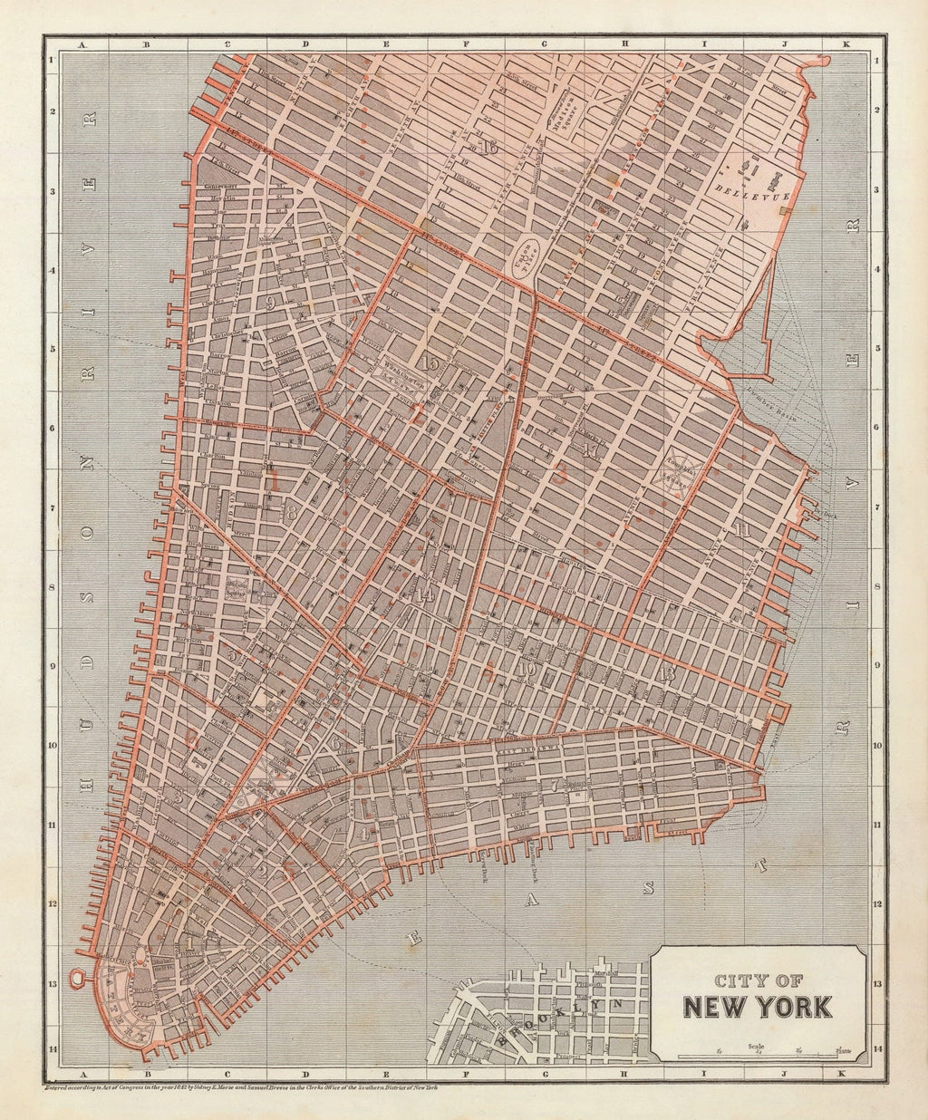 Vintage Map of New York City, New York 1845