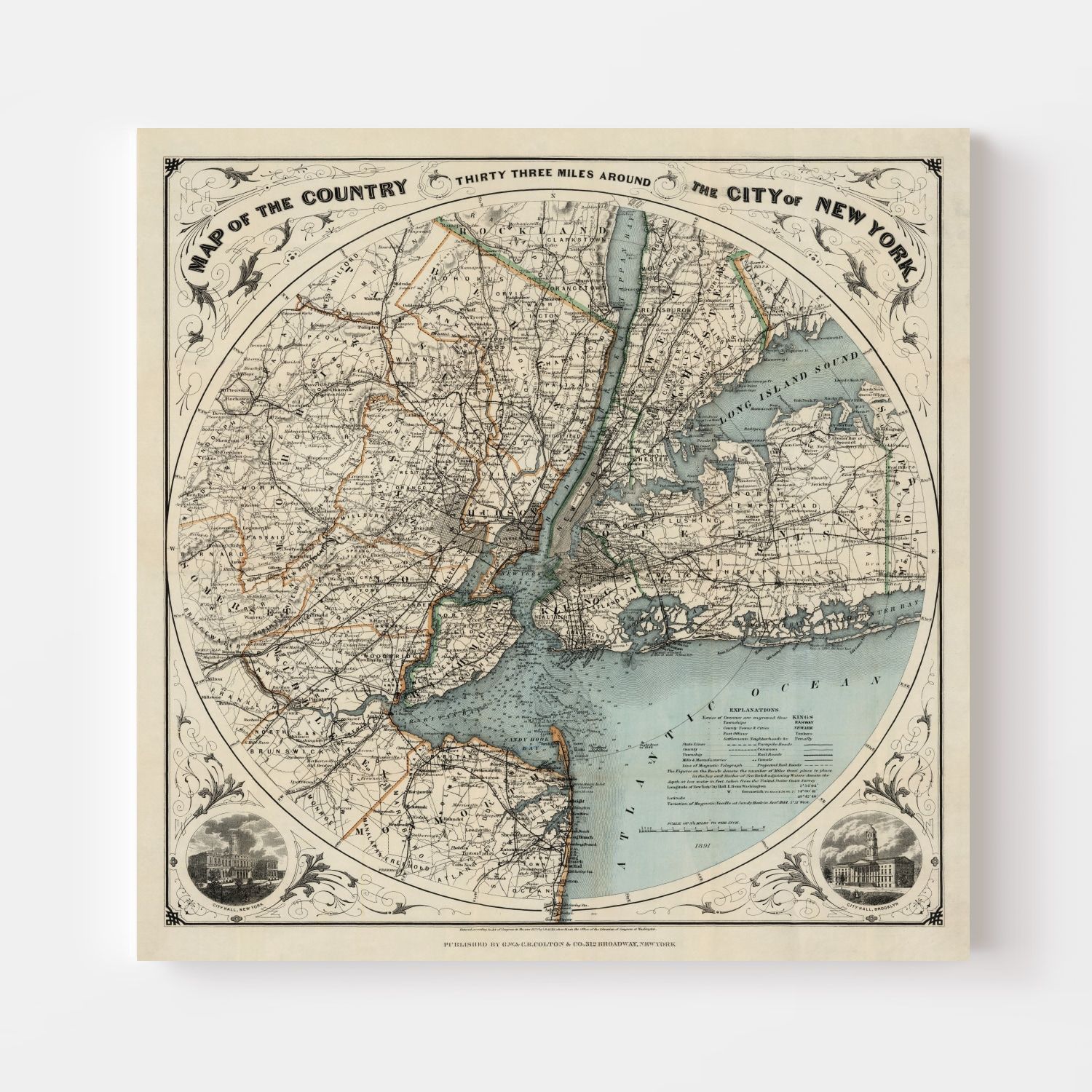 Vintage Map of New York City, New York 1891