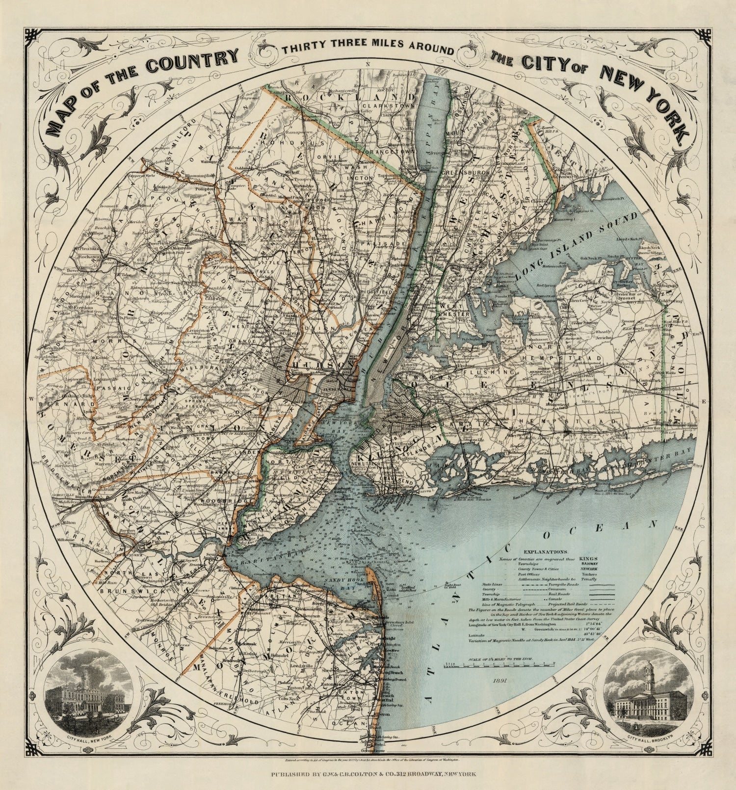 Vintage Map of New York City, New York 1891