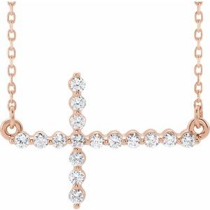 14K Rose Gold 1/5 CTW Natural Diamond Sideways Cross 16-18" Necklace