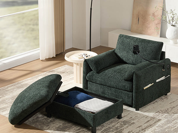 38' Single Sofa with Storage Ottoman, Adjustable Phone Holder, USB Charger, Side Storage Pockets, Pillow-Like Armrests, Wide Seat Chaise Lounge for Living Room&Apartment, Chenille, 4 Colors