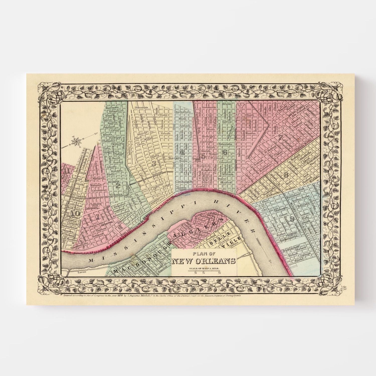 Vintage Map of New Orleans, Louisiana 1870
