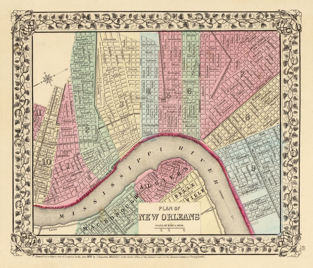 Vintage Map of New Orleans, Louisiana 1870