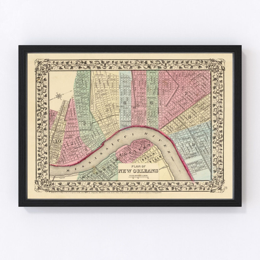 Vintage Map of New Orleans, Louisiana 1870