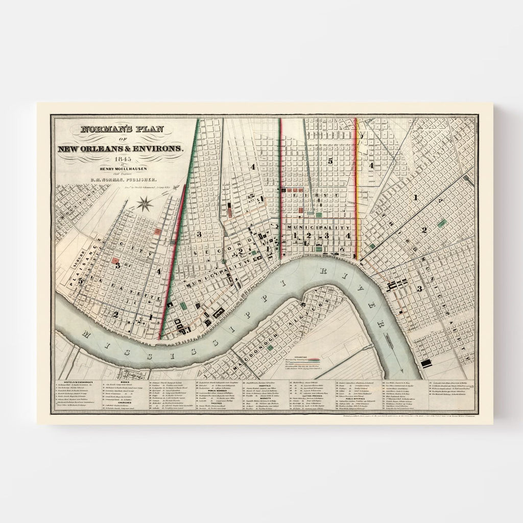 Vintage Map of New Orleans, Louisiana 1845