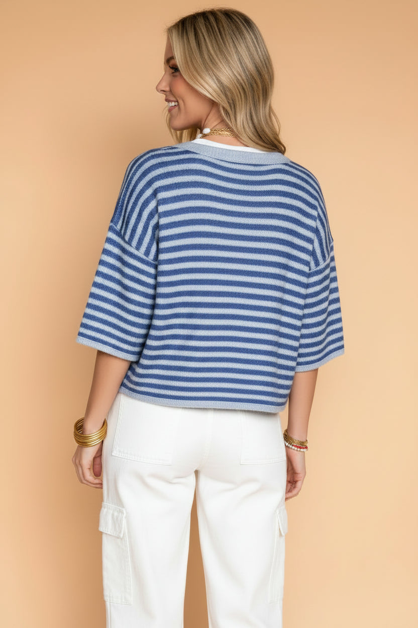 Stripe 3/4 Sleeve Button Down Knit Cardigan