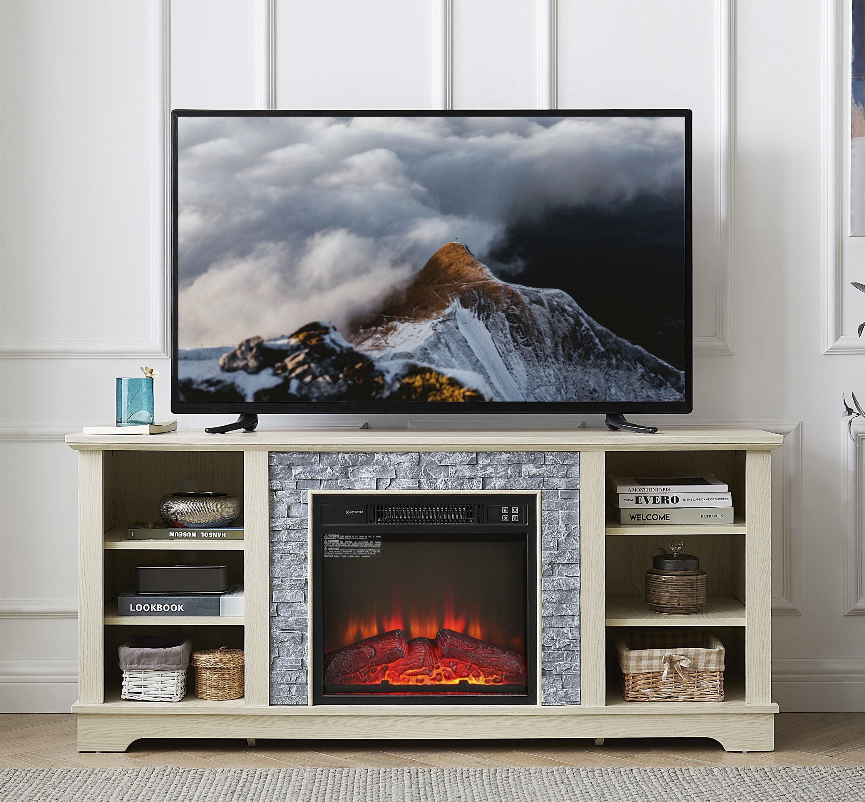 Mantel Electric Fireplace Stone TV Media Stand, Open Storage Modern Entertainment Console  Space with 18' Fireplace Insert, White, 58.31'W*15.39'D*26.06'H