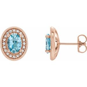 14K Rose Gold 7x5 mm Natural Aquamarine 1/6 CTW Natural Diamond Halo-Style Earrings