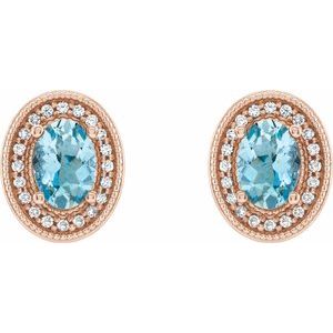 14K Rose Gold 7x5 mm Natural Aquamarine 1/6 CTW Natural Diamond Halo-Style Earrings – image 2