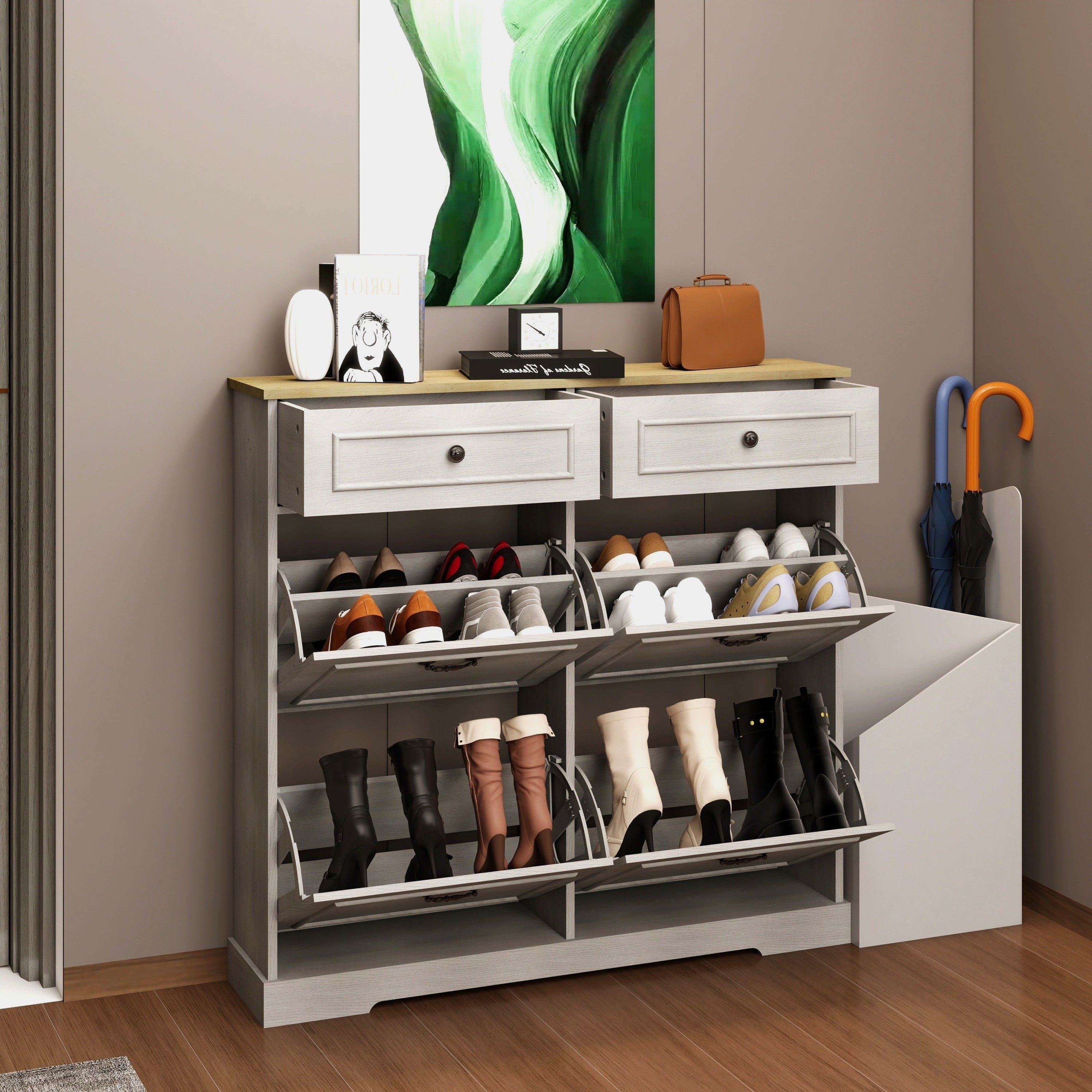 Shoe Storage Cabinet with 2 Drawers, 4 Flip Drawers, Freestanding Shoe Cabinet Organizer with Adjustable Shelf, Shoe Cabinet for Entryway, Foyer, Slim Shoe Cabinet-Antique White