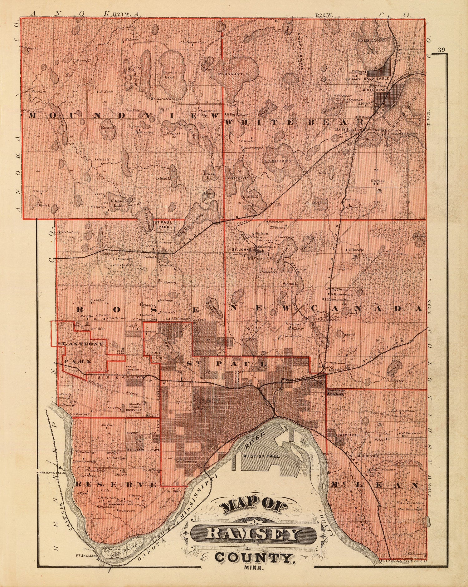 Vintage Map of Ramsey County, Minnesota 1874