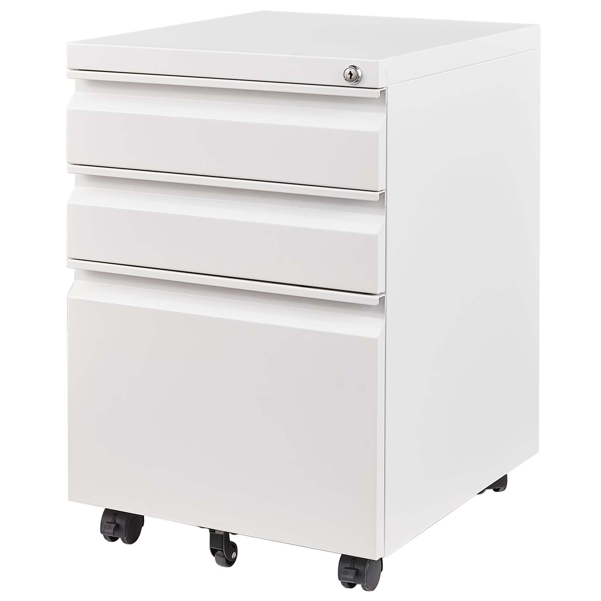 White Mobile 3-Drawer File Cabinet with Lock, Metal Organizer for Home Office, Fully Assembled