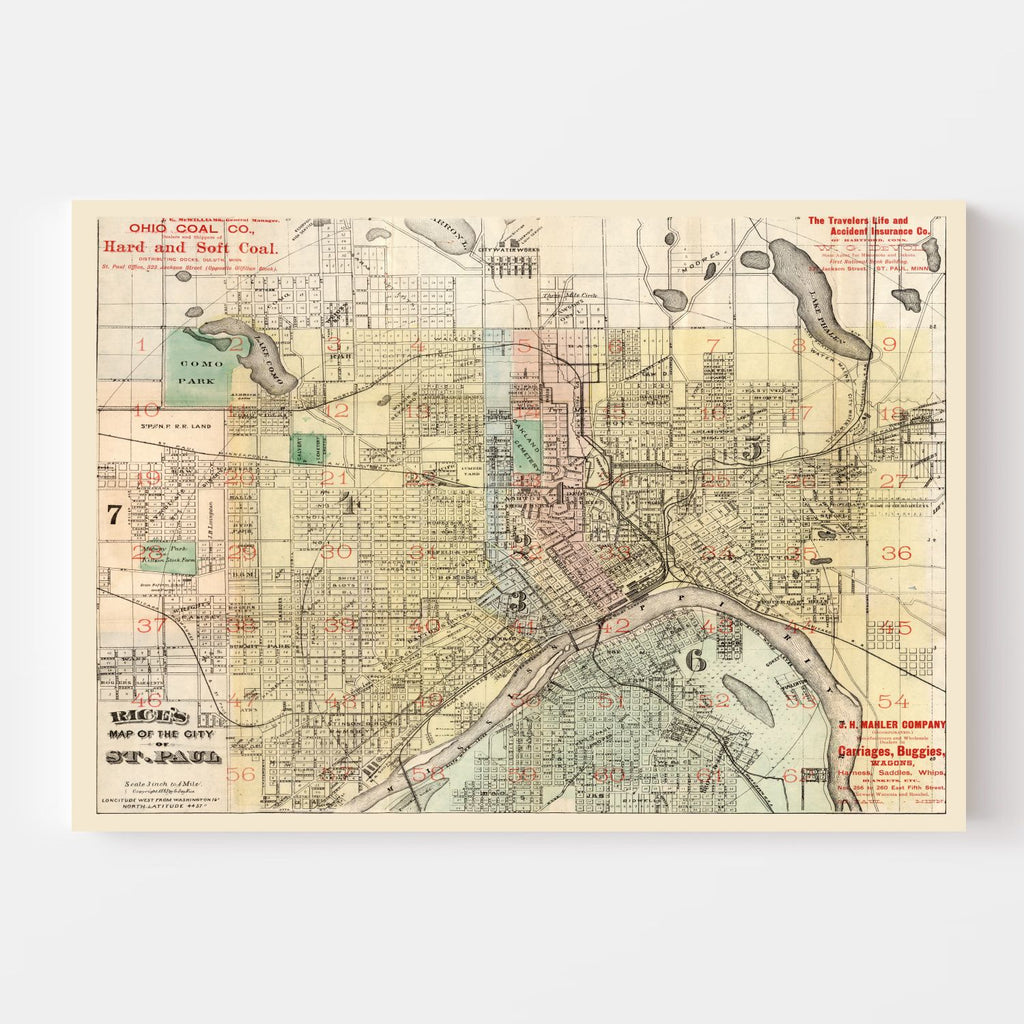 Vintage Map of St. Paul, Minnesota 1884